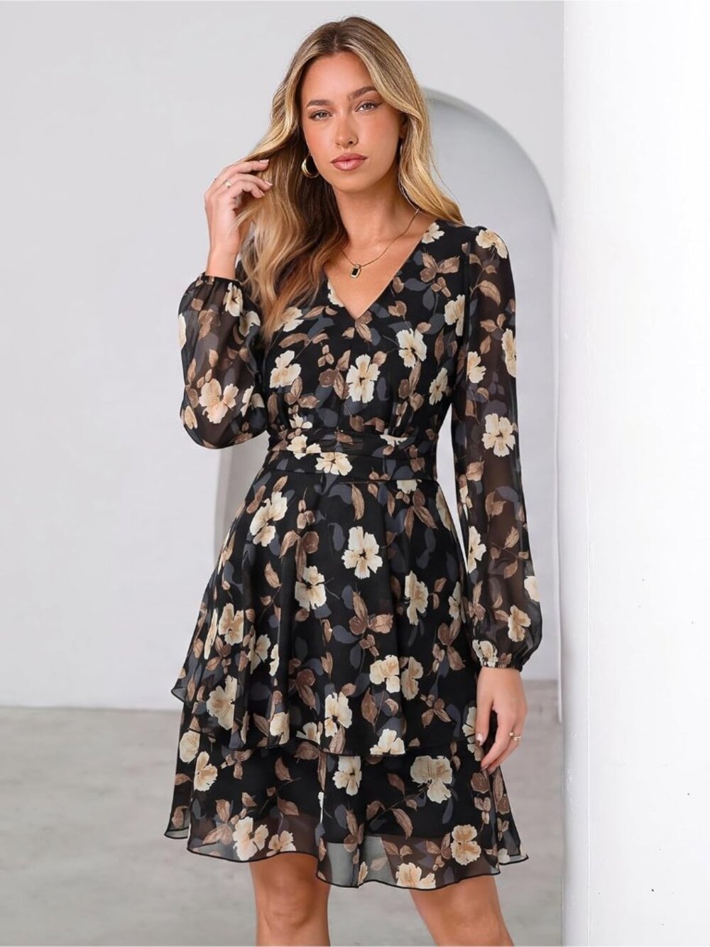 〽️Black Yellow Floral Chiffon Dress Women’s Long Sleeve V Neck Empire Waist - Picture 6 of 7